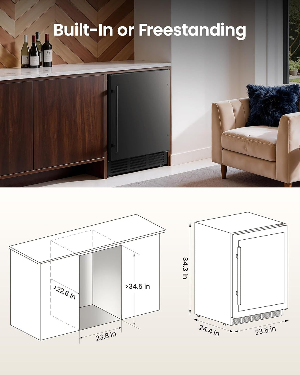 24 Inch Beverage Refrigerator, 180 Can Under Counter Fridge, Stainless Steel Beer Fridge for Built-in & Freestanding, Outdoor Refrigerator for Soda, Beer, Wine (Black)