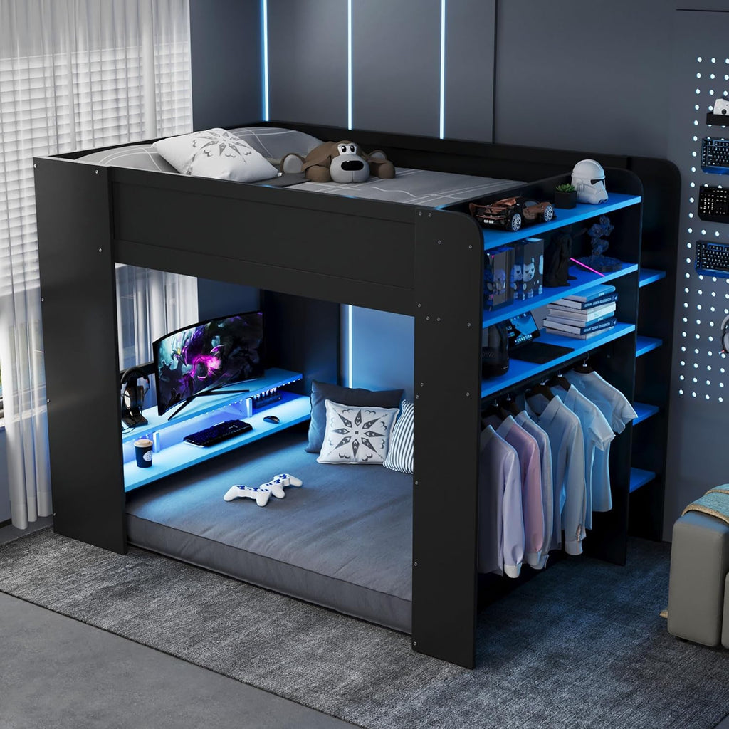 Full Size Gamer Loft Bed with Height-Adjustable Desk,Wardrobe,Ample Storage Space,and RGB Light, Wooden Bunk Bed for Gaming Setup (Cloud Blue/A1)