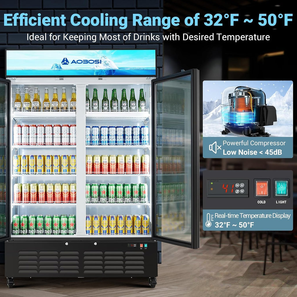 AAOBOSI 50' Wide Commercial Merchandiser Refrigerator,36.8 Cu.Ft Glass Door Display Refrigerator,Upright Beverage Fridge with Soft LED Light,Customizable Lightbox,Universal Casters, Adjustable Shelves