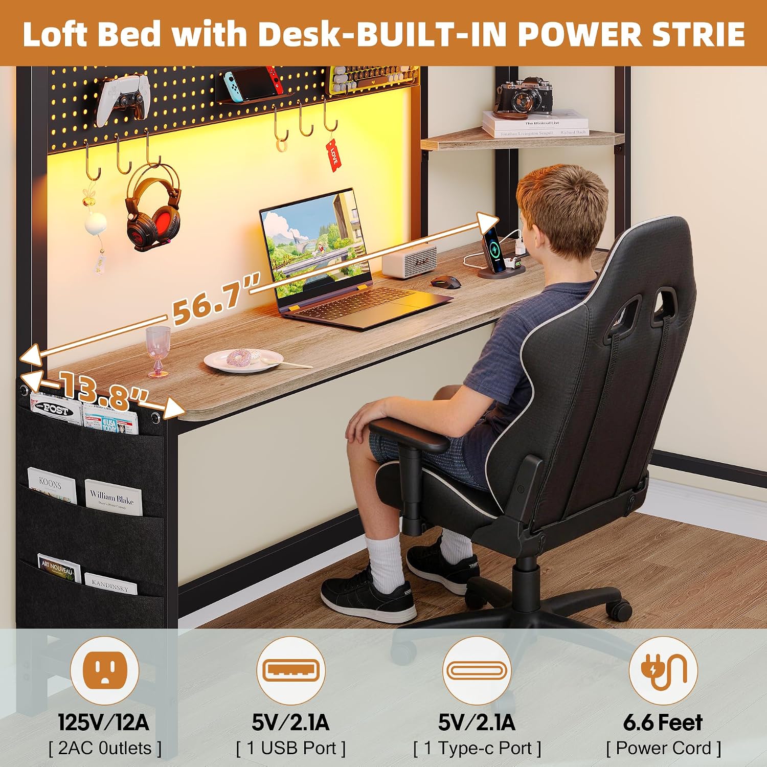 Dnxao Full Size Loft Bed with Desk, Heavy Duty Metal Bed Frame for Teens Adults, 6 Storage Drawers, Power Outlet with Type-C, LED Lights, Integrated Study Workstation for Small Room,Oak Gray