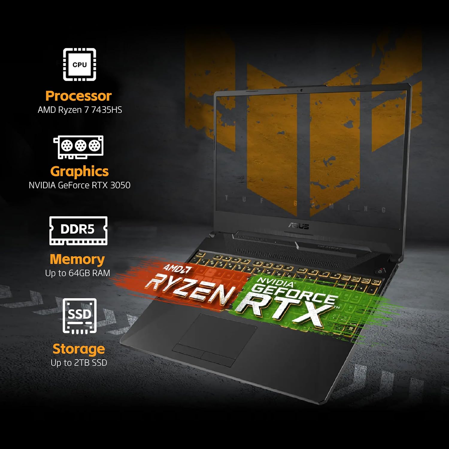 ASUS TUF A15 Gaming Laptop, AMD Ryzen 7 7435HS Processor, NVIDIA GeForce RTX 3050, 15.6 inch Full HD Display, 16GB DDR5 RAM, 1TB SSD, Backlit Keyboard, Windows 11 Pro