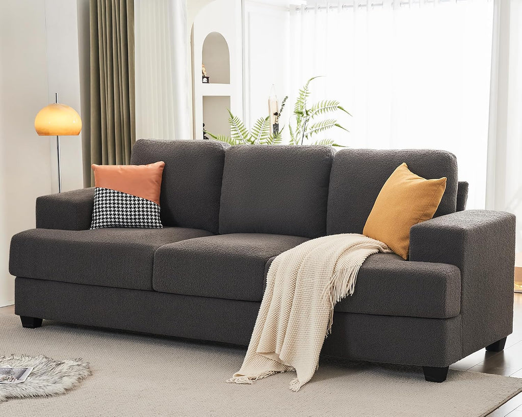 VanAcc 89 inch Sofa, 3 Seater Sofa with Extra Deep Seats, Modern Couch- Comfy Couch for Living Room Apartment Lounge, Grey Bouclé
