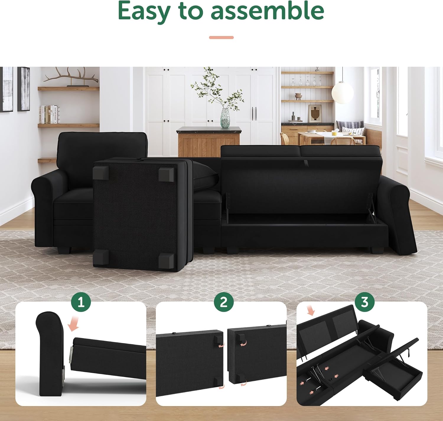 HONBAY Sectional Sofa with Storage Seat Velvet U Shaped Couch with Reversible Chaise Convertible Sectional Couches for Living Room,Black Velvet
