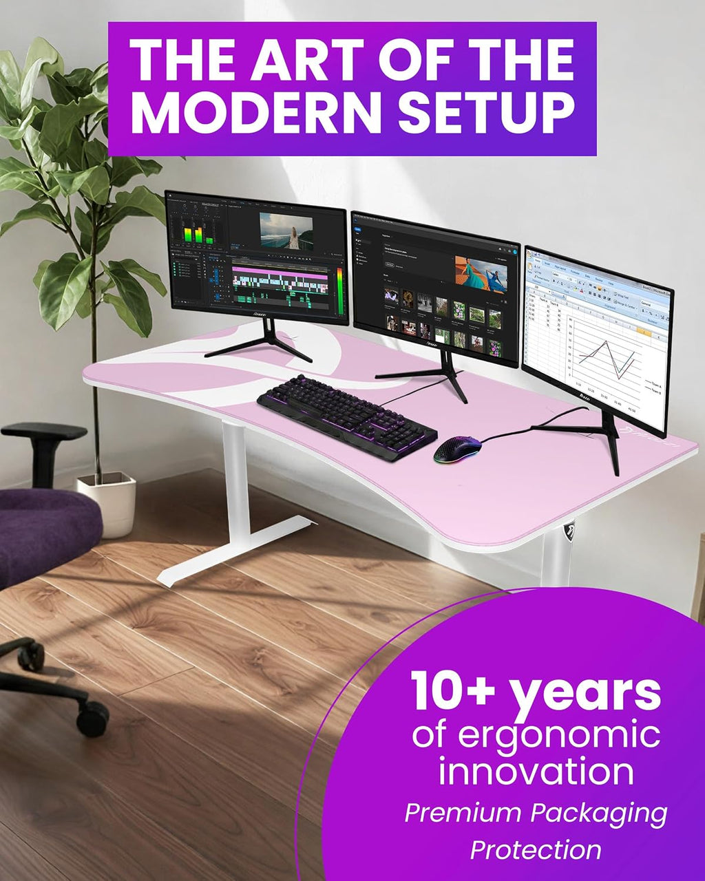 Arozzi Arena Ultrawide Curved Gaming and Office Desk with Full Surface Water Resistant Desk Mat Custom Monitor Mount Cable Management Cut Outs Under The Desk Cable Management Netting - Pink