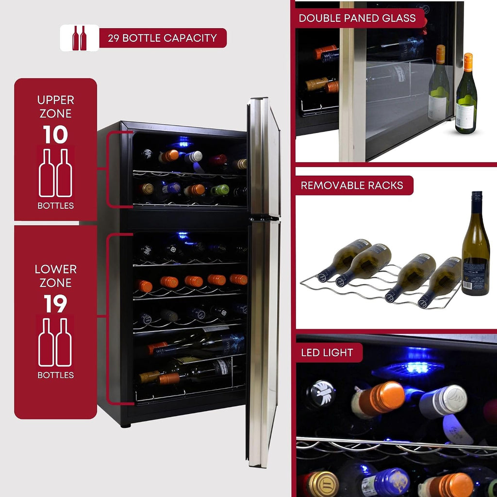 Koolatron 29 Bottle Wine Fridge – Wine Cooler with Glass Door, 3 Cu ft (86 L) Beverage Can Refrigerator, Digital Temperature Control/Dual temperature zone, Ideal for White, Red & Sparkling Wine