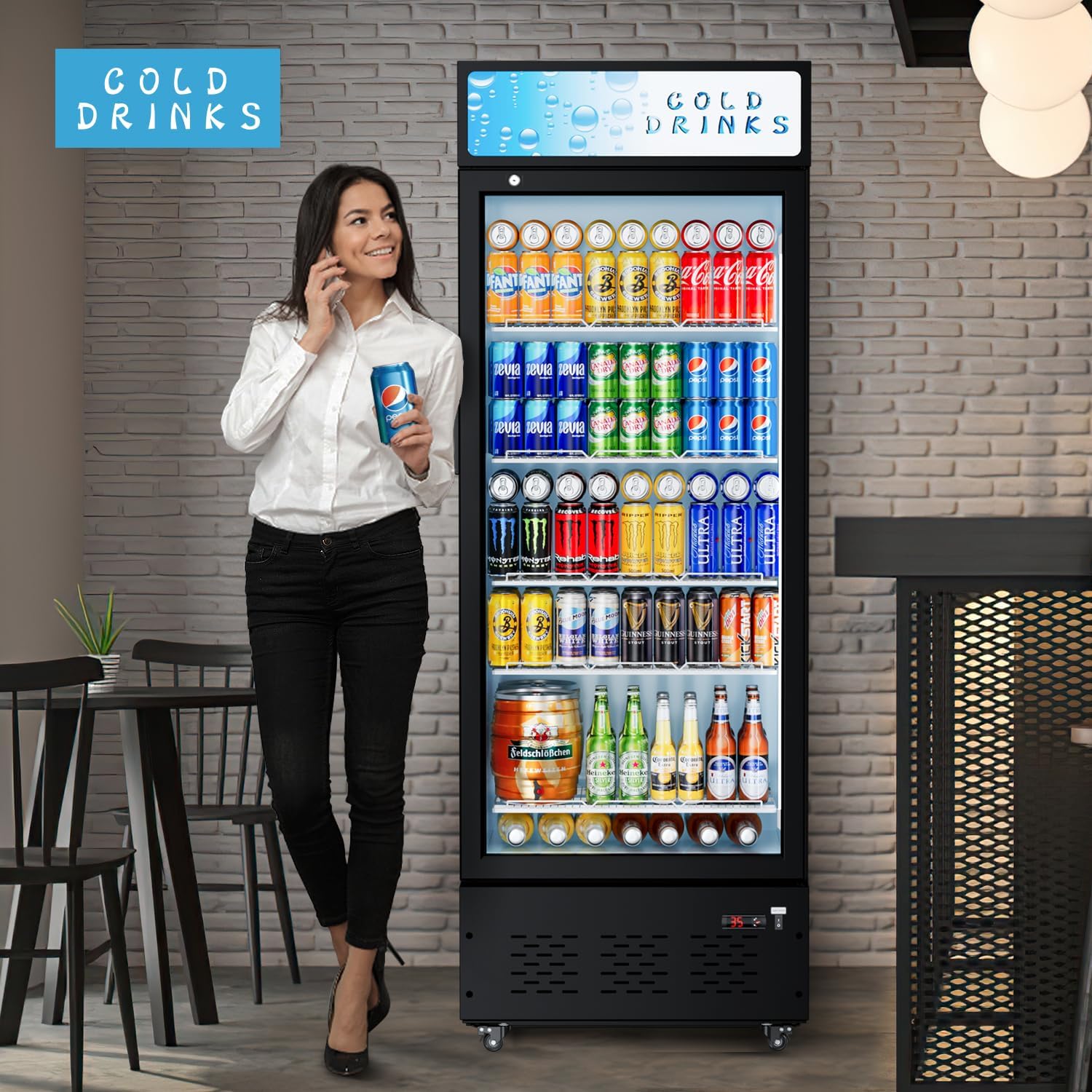 25.7'' W Commercial Refrigerators with Glass Door, 15 Cu.ft. Beverage Refrigerators Commercial Fridge Upright Display Cooler with Soft LED Light and Adjustable Shelves for Restaurant Stores