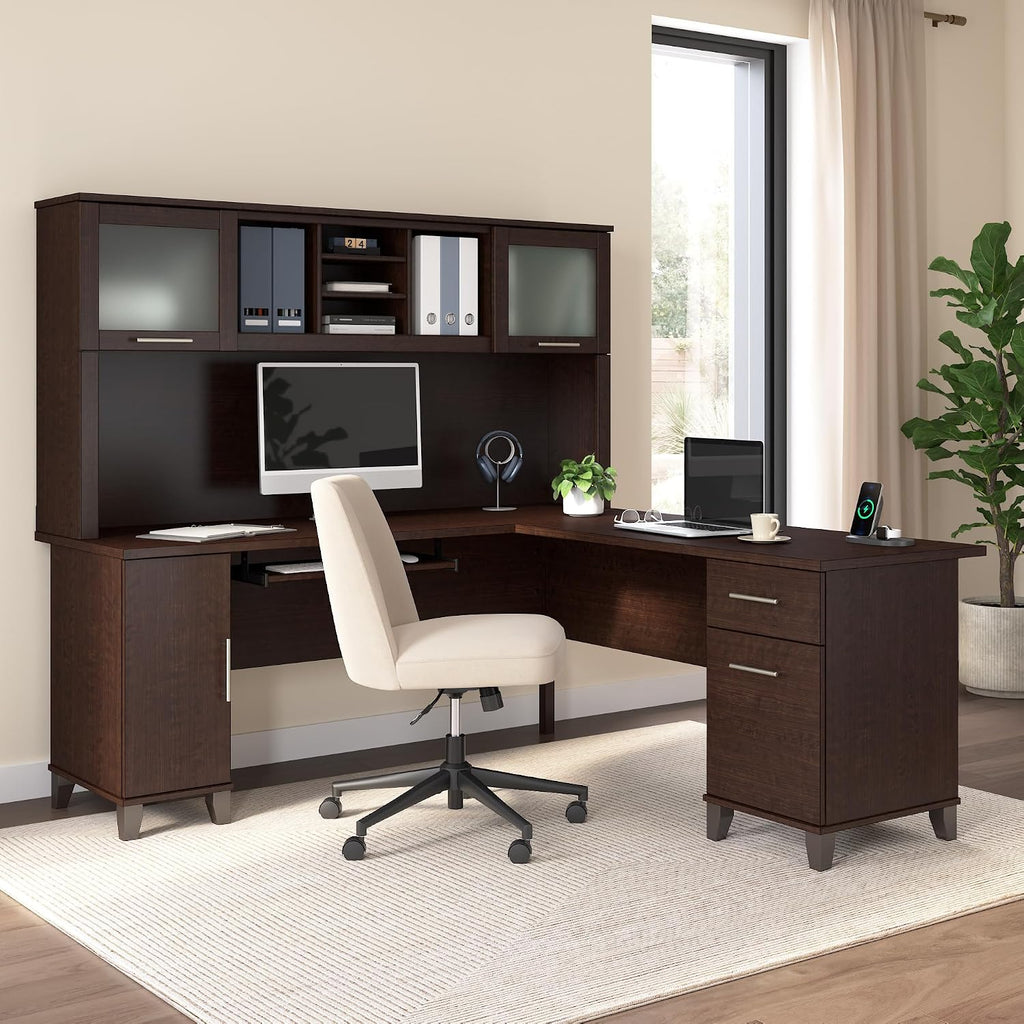 Bush Home 72-Inch L-Shaped Desk with Hutch, Corner Computer Office Desk with File and Box Drawers, Shelves and Storage Cabinet, Home Office Workstation, Somerset Collection, Mocha Cherry