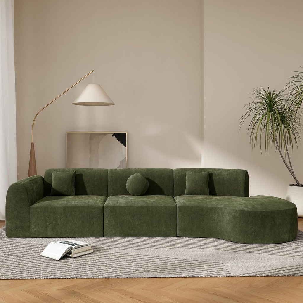 Merax 3-Piece 140' Sectional Modular Sofa Set, 4 Seat Curved Modern Cloud Couch with Chaise Lounge, 3 Pillows, Fully Assembled High-Density Compressed Sponge for Living Room, Green