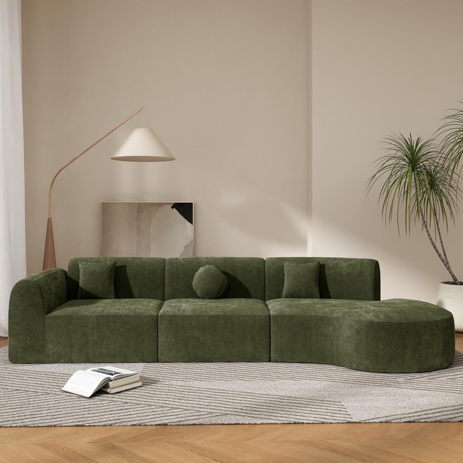 Merax 3-Piece 140' Sectional Modular Sofa Set, 4 Seat Curved Modern Cloud Couch with Chaise Lounge, 3 Pillows, Fully Assembled High-Density Compressed Sponge for Living Room, Green