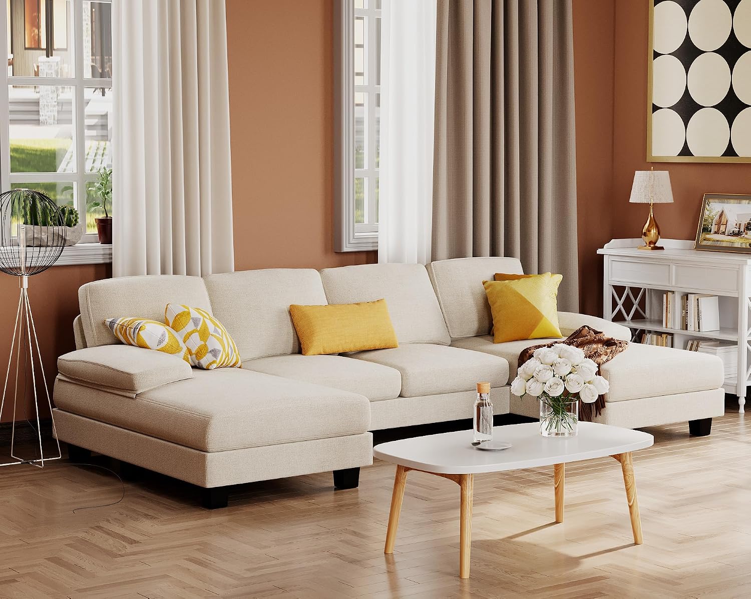Furmax Sectional Couches for Living Room, U-Shaped Sofa Couch with Linen Fabric, 4 Seat Sofa Set with Double Chaise for Apartment (Fabric, White)