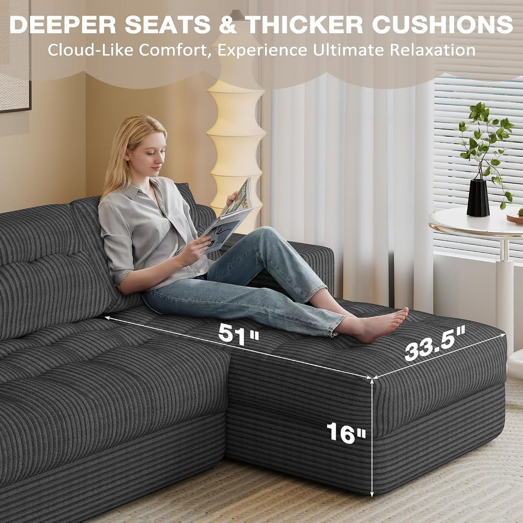 Boneless Couch, 2026 New Boneless Sectional Couch with Deep Seat & Chaise for Small Spaces, Upholstered Cloud Couch Sectional Boneless Couches for Living Room, No Assembly, Right Facing Chaise, Grey