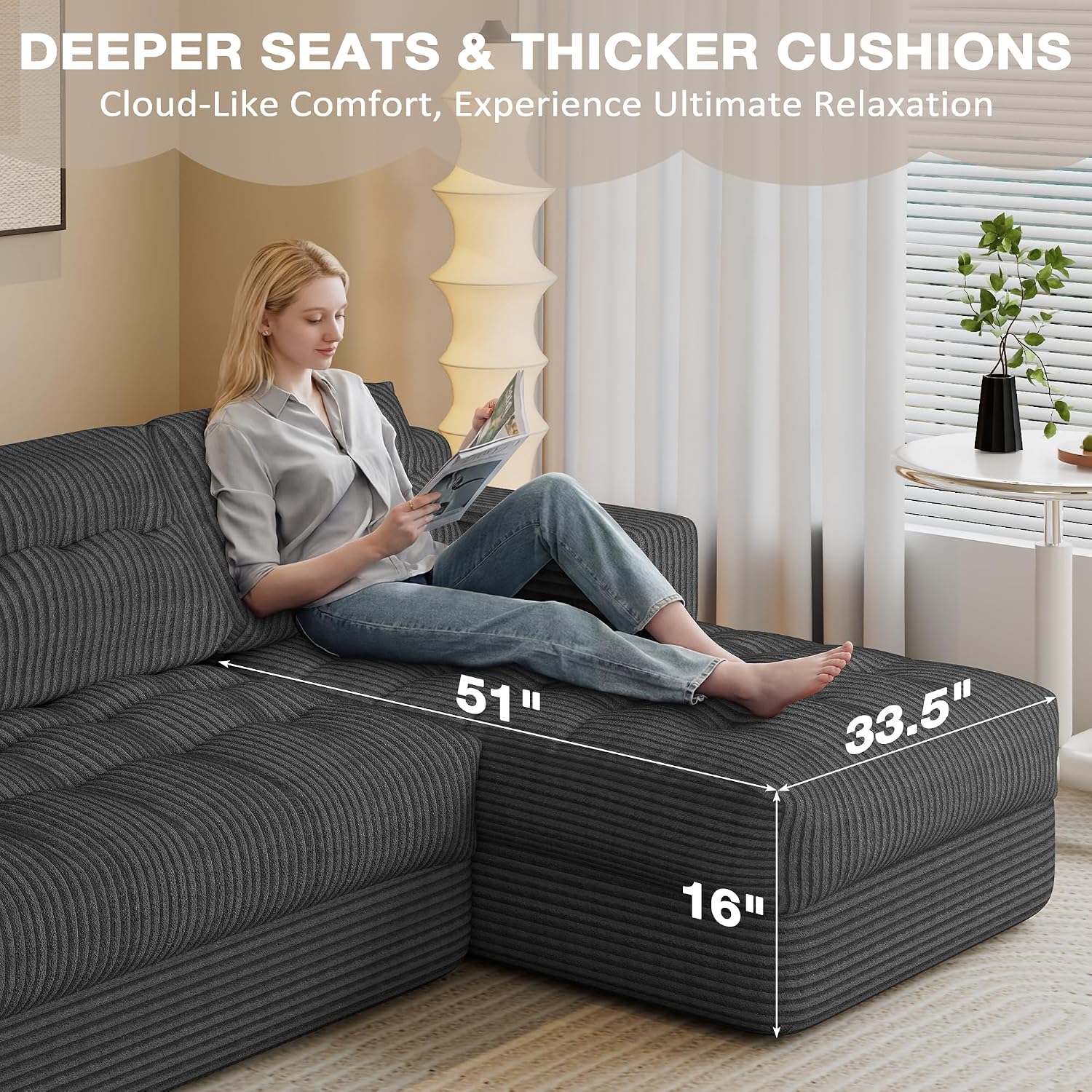 Boneless Couch, 2026 New Boneless Sectional Couch with Deep Seat & Chaise for Small Spaces, Upholstered Cloud Couch Sectional Boneless Couches for Living Room, No Assembly, Right Facing Chaise, Grey
