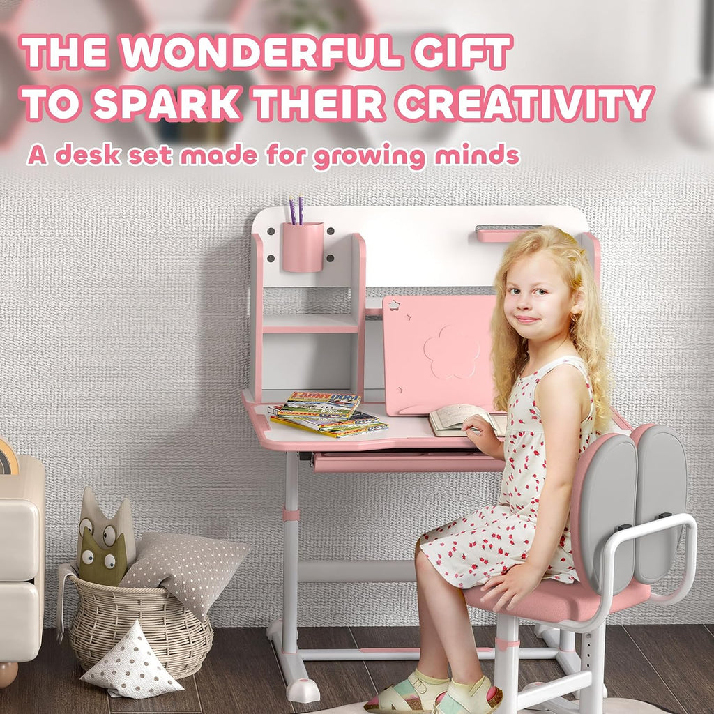 Qaba Kids Desk and Chair Set, Height Adjustable Kids School Study Desk and Chair Set with Tilt Desktop, Storage Drawer and Reading Rack for Writing, Reading and Drawing, Pink