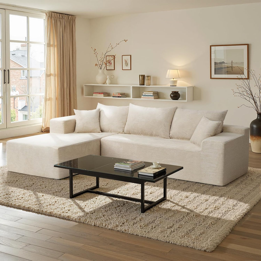 Beige Sectional Couches for Living Room, Boneless Couch with L-Shape Chaise, Modular Sofa in Box with Deep Seat, No Assembly Required