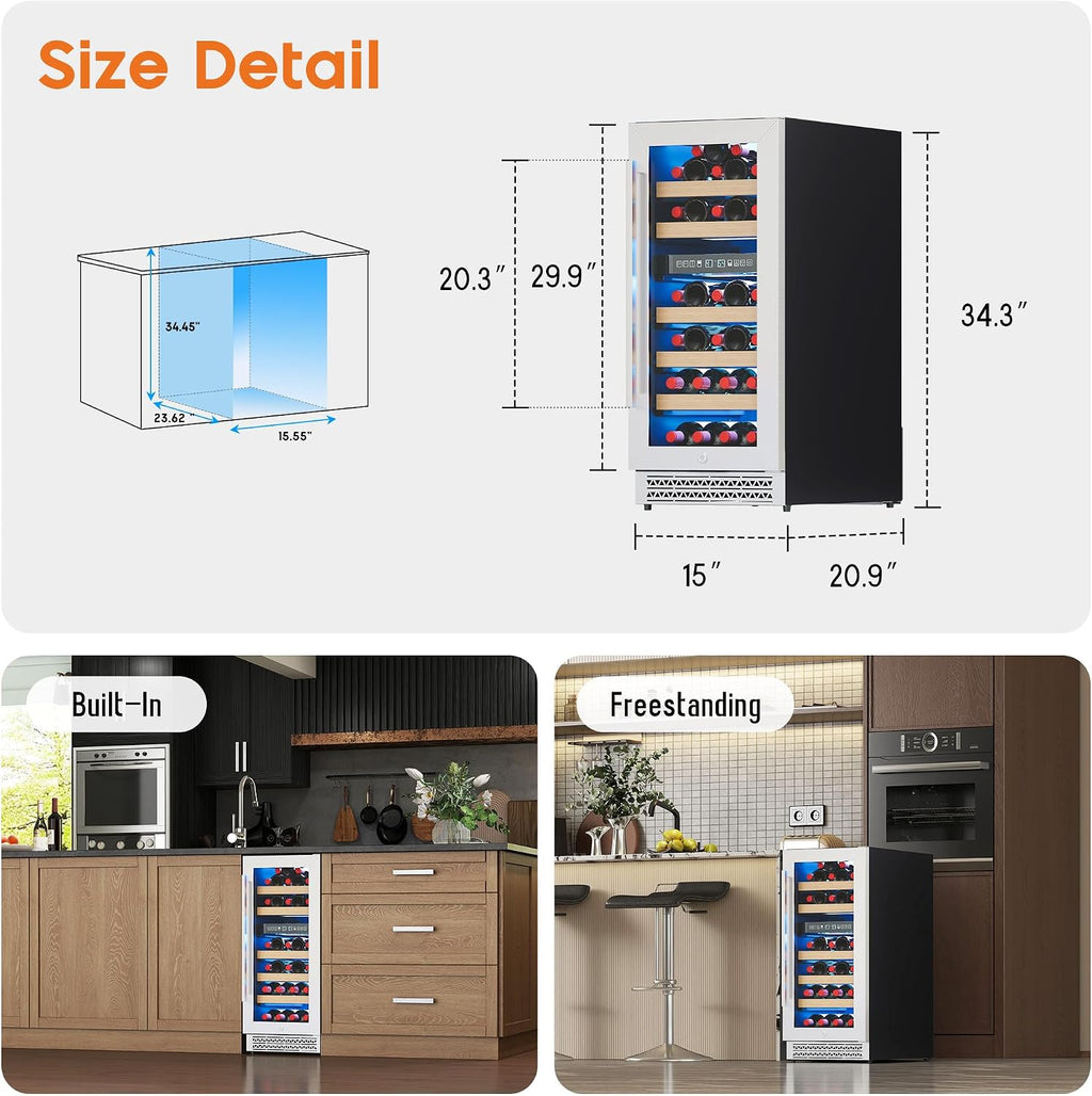 Albott 15 Inch Wine Fridge, Dual Zone 31 Bottle Wine Cooler 41–68℉ with Digital Temperature Control, Reversible Double-Layer Glass Door, Built-in or Freestanding Design for Home and Bar