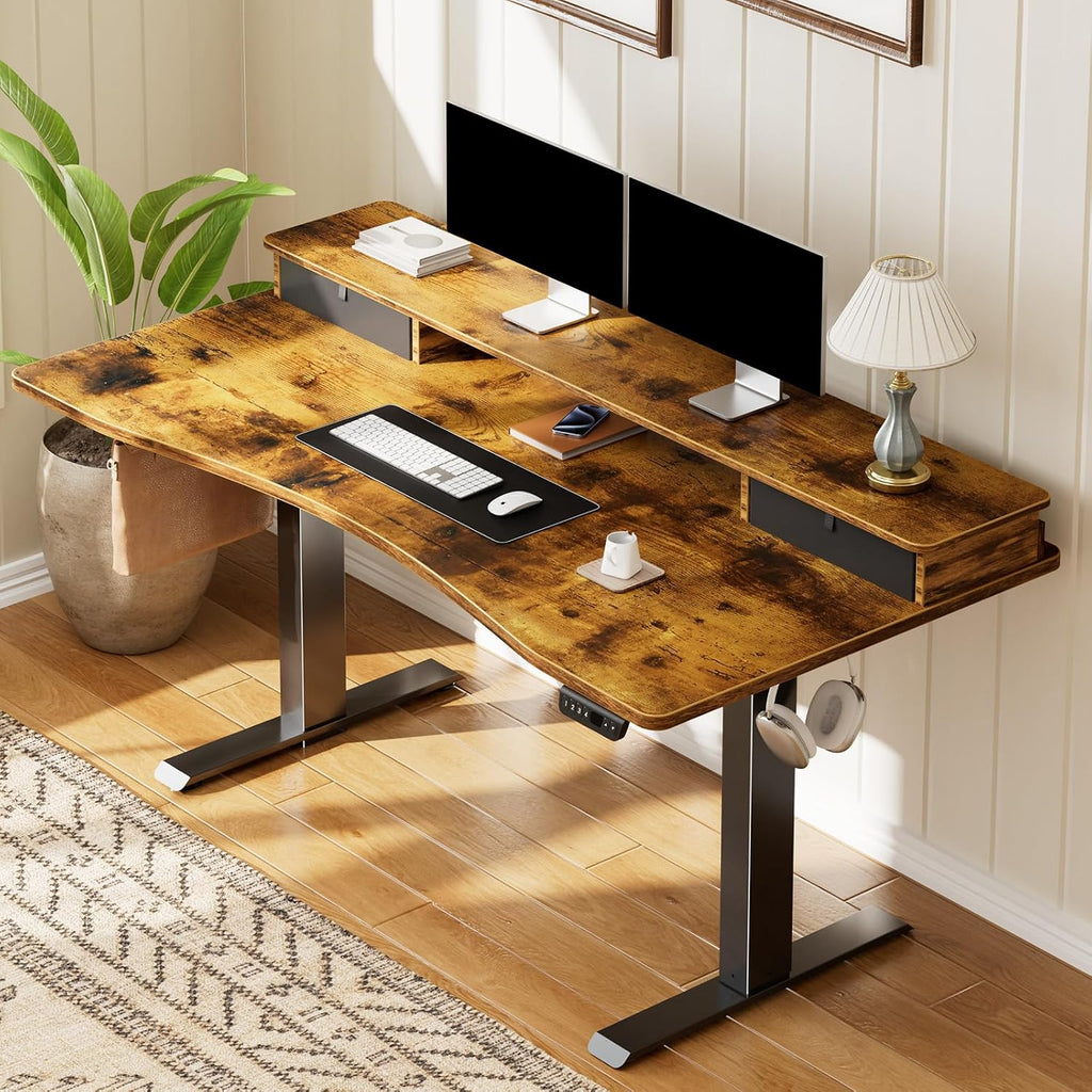 Veken 47.2'×27.6' Standing Desk with Storage Drawers, Adjustable Height Computer Table with Monitor Shelf, Home Office Desk for Study, Gaming, Workstation, Brown