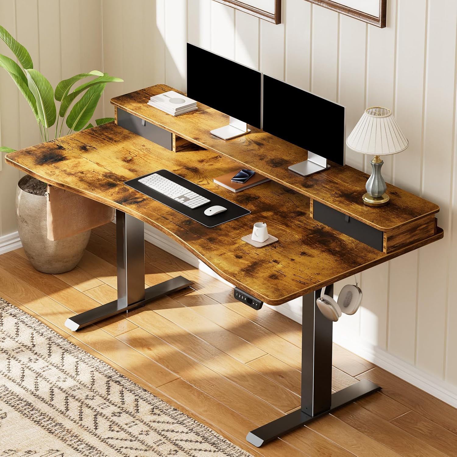 Veken 47.2'×27.6' Standing Desk with Storage Drawers, Adjustable Height Computer Table with Monitor Shelf, Home Office Desk for Study, Gaming, Workstation, Brown