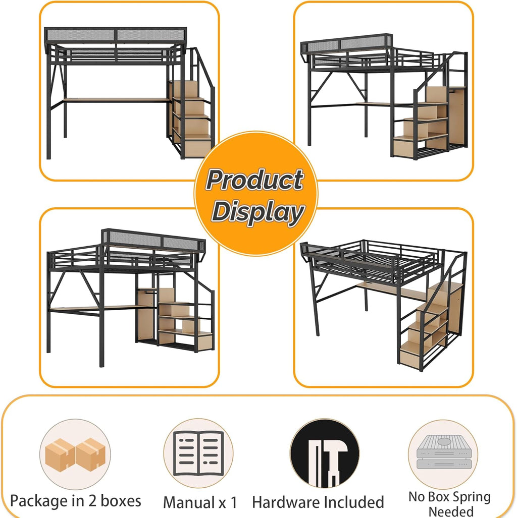 Mirightone Queen Size Loft Bed with Stairs & Desk, Metal Loft Bed Frame with LED and Charging Station, High Loft Beds Gaming Lofted Queen Bed with Storage Shelf for Kids and Teens (Black+Natural)