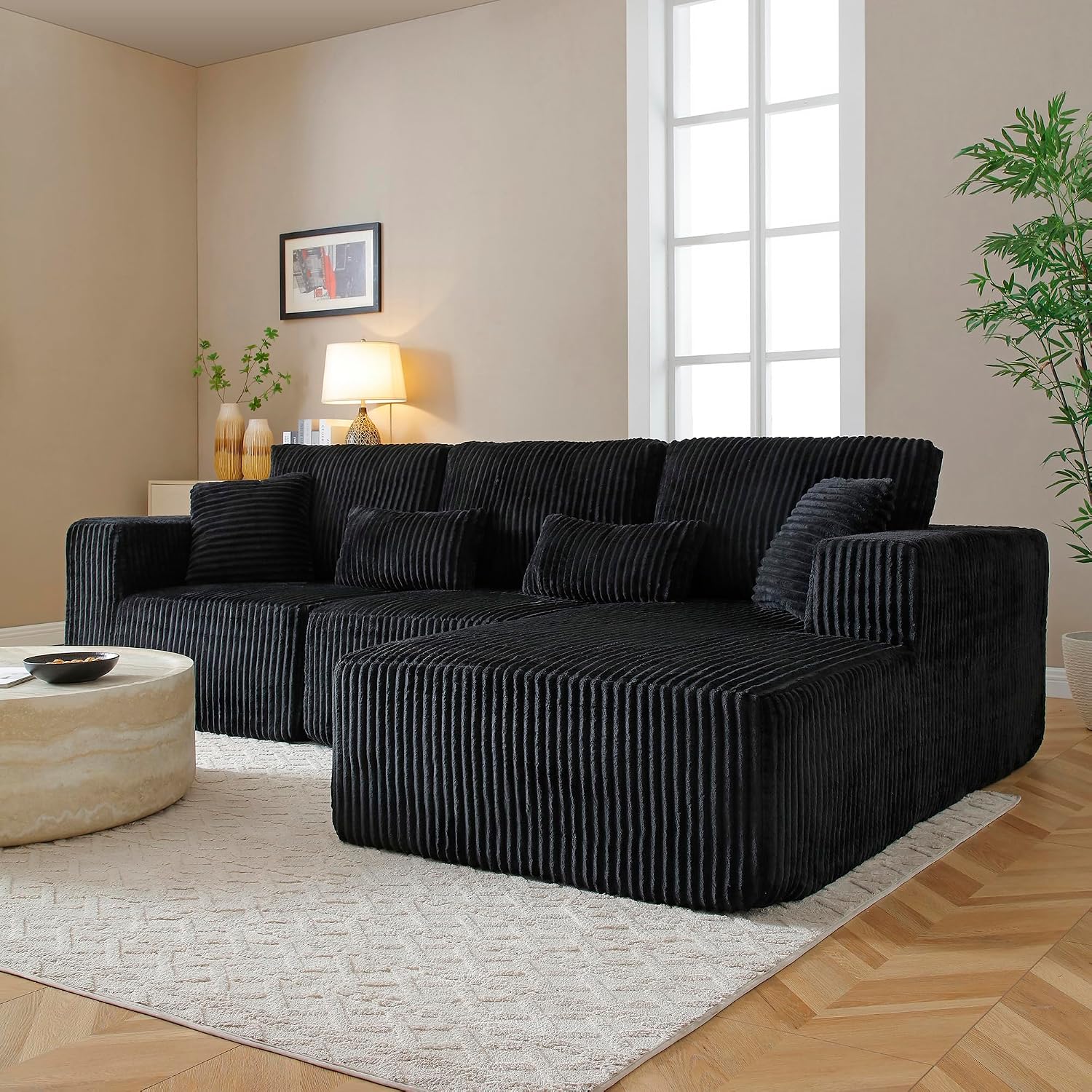 L Shaped Modular Boneless Sectional Couches for Living Room, Wide Armrest, Deep Seat, Memory Foam, Assembly Free, Modern Comfy Corduroy Fluffy Cloud Sofa with Right Chaise, Black