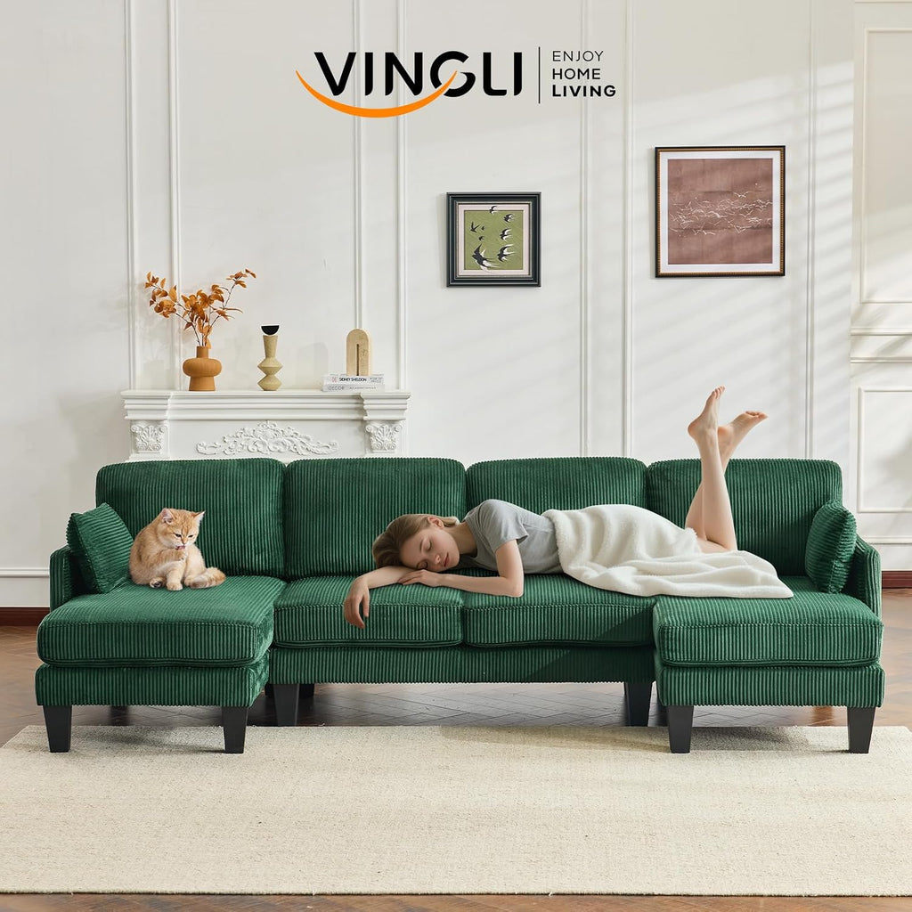 VINGLI 108' W U-Shaped Sectional Couches for Living Room, Sturdy Wooden Armrest Corduroy Cloud Couch with Double Chaise, High Support Modern 4-Seat Sectional Sofa for Apartment, Offices, Dark Green