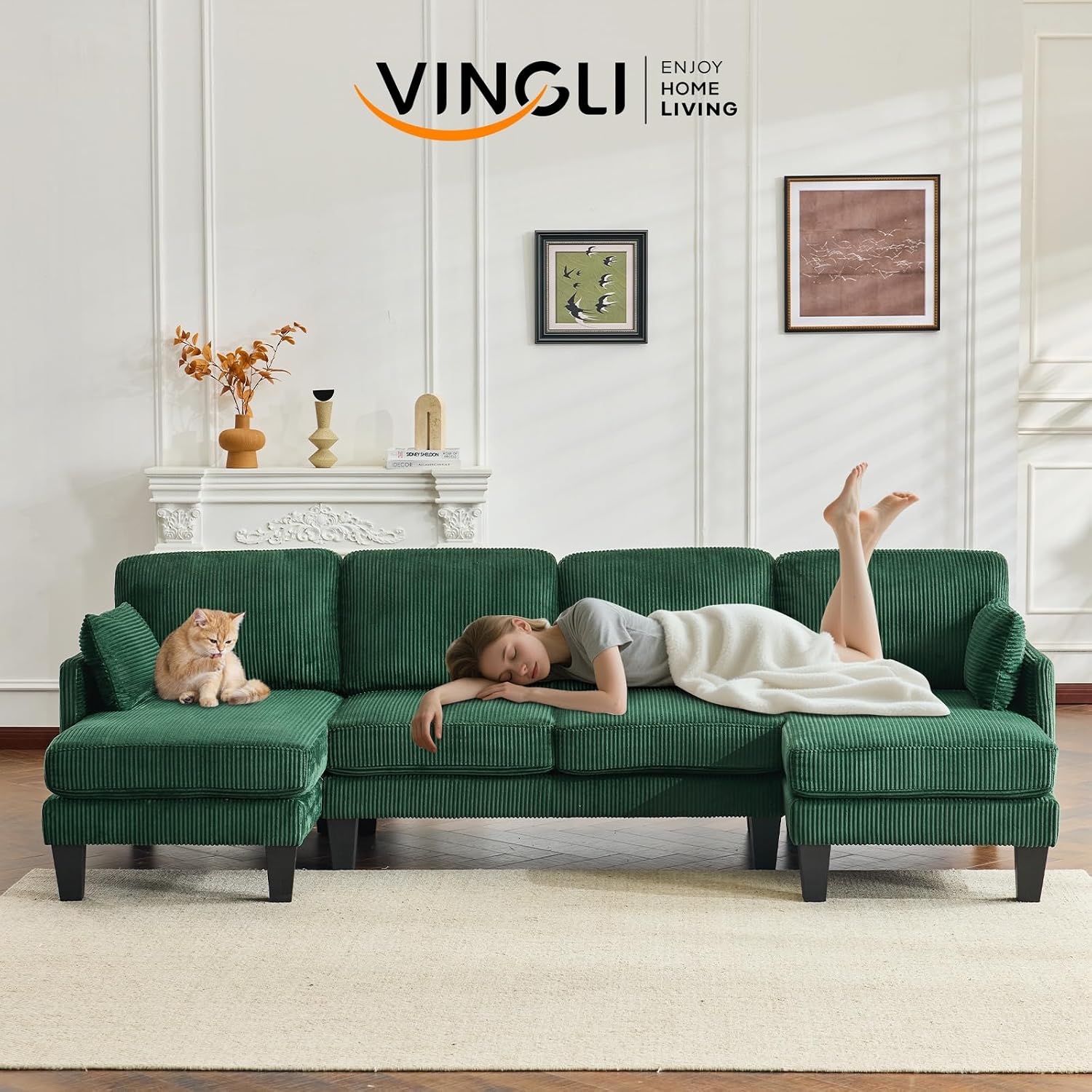 VINGLI 108' W U-Shaped Sectional Couches for Living Room, Sturdy Wooden Armrest Corduroy Cloud Couch with Double Chaise, High Support Modern 4-Seat Sectional Sofa for Apartment, Offices, Dark Green