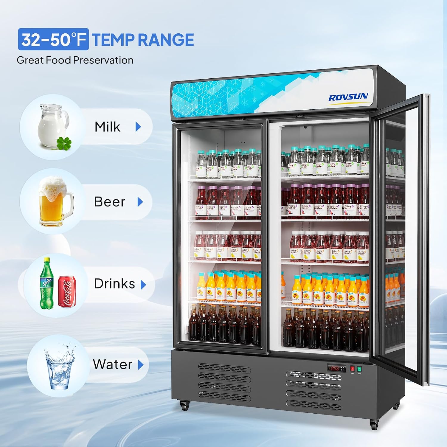 ROVSUN 35 Cu.Ft Commercial Refrigerator Display Refrigerator ETL NSF Certified, Commercial Beverage Cooler Glass Door Merchandiser Drink Fridge w/Adjustable Shelves LED Light for Bar Restaurant