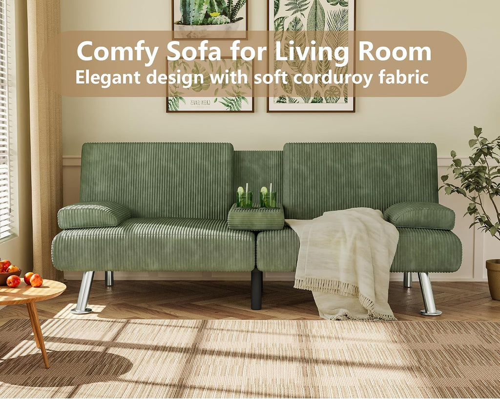 Flamaker Futon Sofa Bed Corduroy Folding Couch Adjustable Sleeper Sofa Bed for Small Apartment Upholstered Living Room Furniture Set with 2 Cup Holders Removable Armrests (Corduroy, Green)