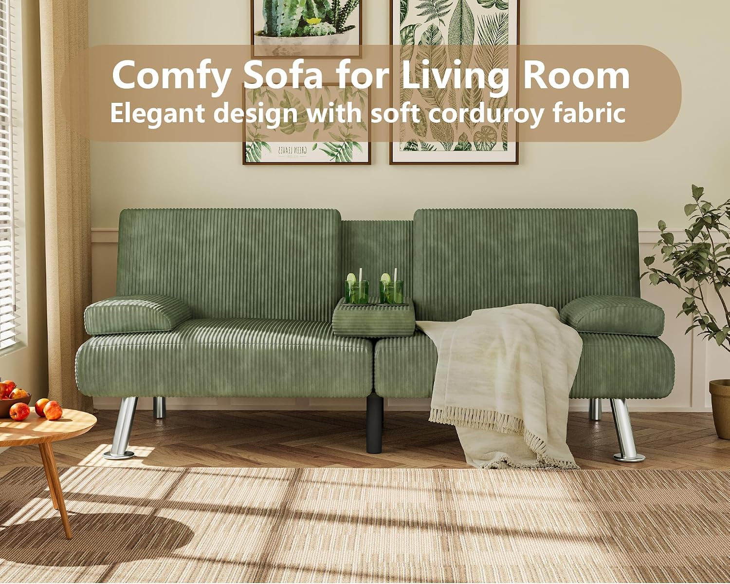 Flamaker Futon Sofa Bed Corduroy Folding Couch Adjustable Sleeper Sofa Bed for Small Apartment Upholstered Living Room Furniture Set with 2 Cup Holders Removable Armrests (Corduroy, Green)