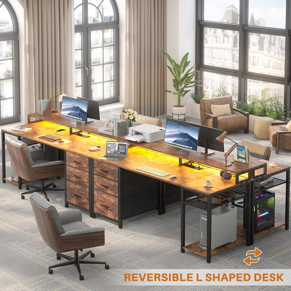 Aheaplus Gaming Desk with LED Lights and Power Outlets, 59 inch Home Office Computer Desk with Fabric File Drawers, Reversible Work Desks with Monitor Stand and Storage Shelves, Rustic Brown
