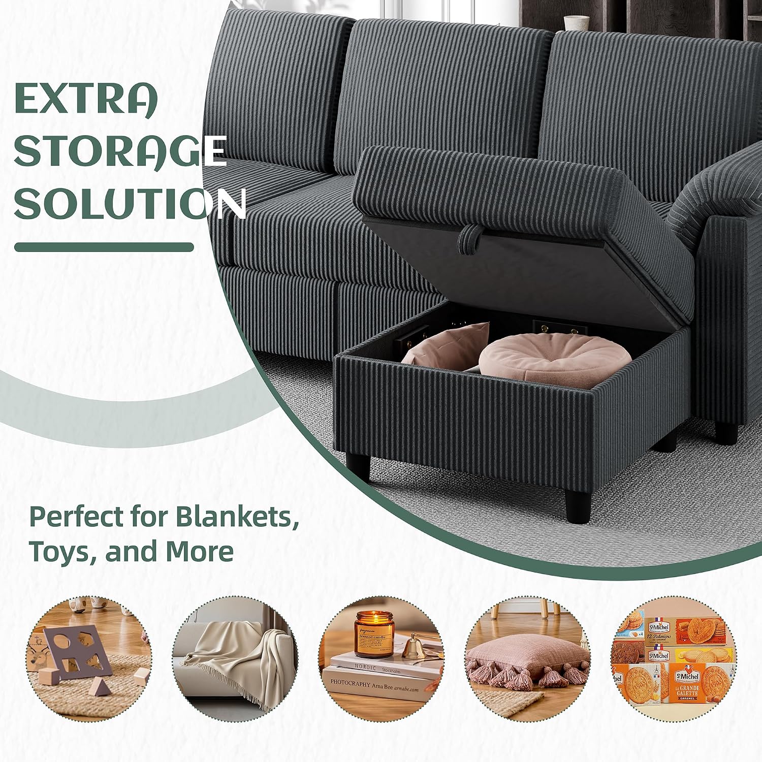 Vongrasig Convertible Sectional Sofa Couch, 3 Seat L Shaped Sofa with Removable Pillows Soft Corduroy Fabric Small Couch Mid Century for Living Room, Apartment and Office (Gray)