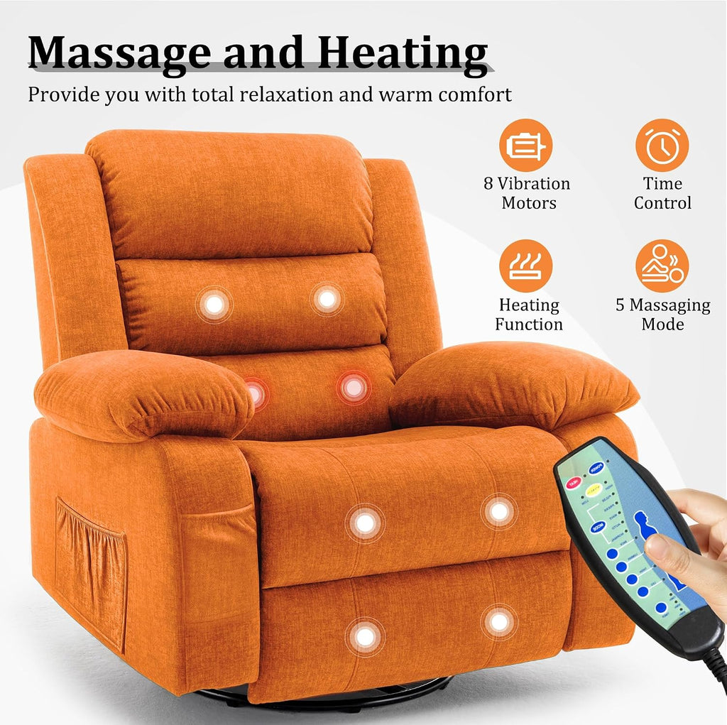 Korser Recliner Chair, Wide Rocker Chair, Rocking Chair with Massage and Heat,360°Swivel Nursery Rocking Chairs, Oversized Recliner for Adults, Cashmere Reclining Sofa for Living Room, Orange