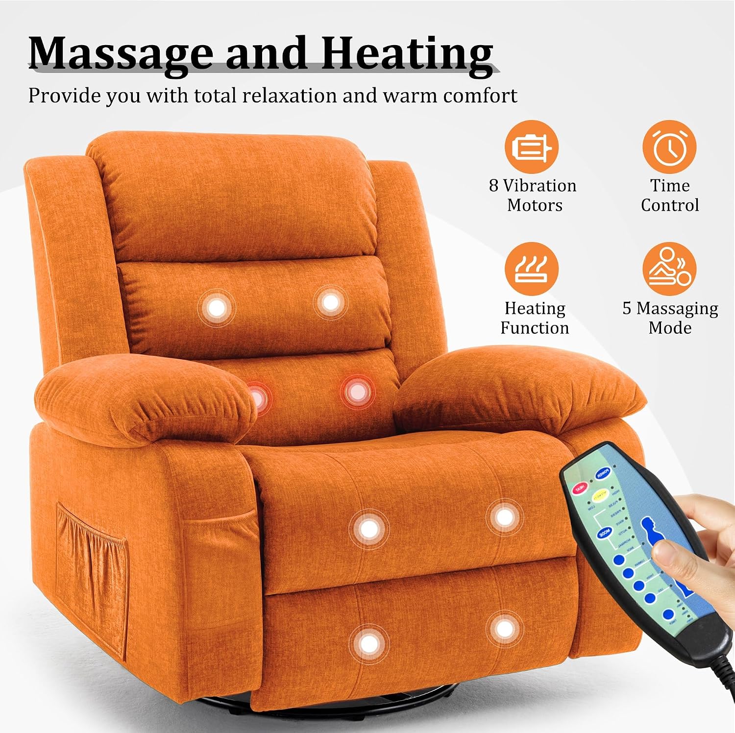 Korser Recliner Chair, Wide Rocker Chair, Rocking Chair with Massage and Heat,360°Swivel Nursery Rocking Chairs, Oversized Recliner for Adults, Cashmere Reclining Sofa for Living Room, Orange