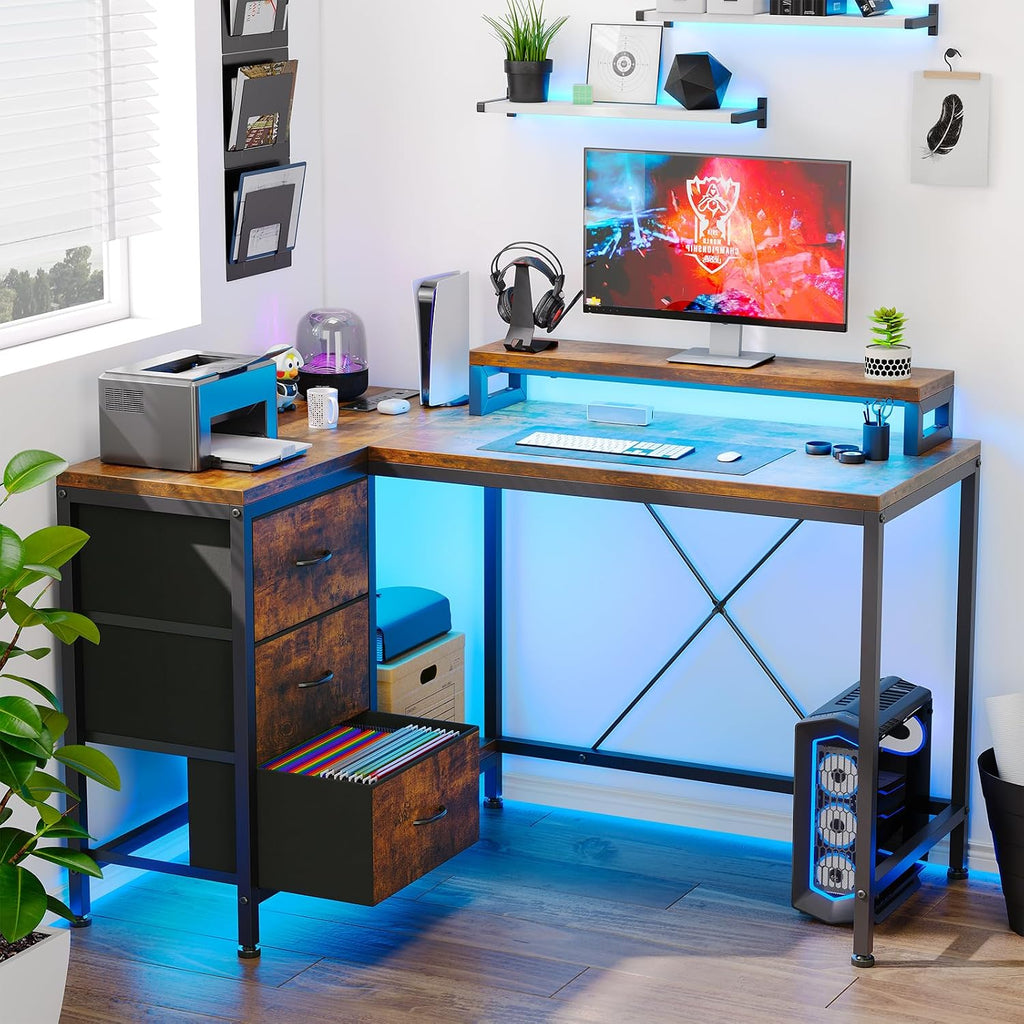 L Shaped Office Desk with Power Outlets, Computer Desk with Drawers, Shelves, for Gaming, Corner Work, Home Office, Study