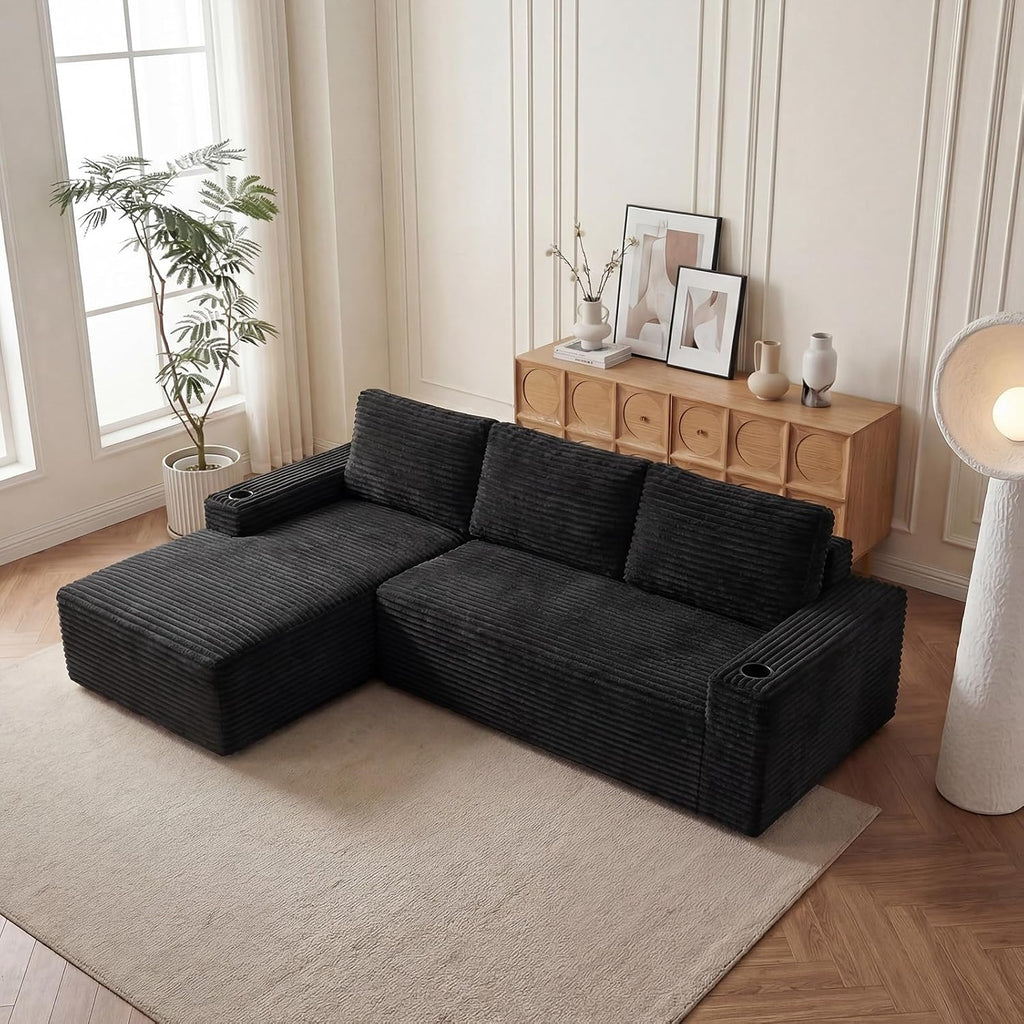 104' L Shaped Boneless Sectional Couches for Living Room, Comfy Corduroy Floor Cloud Sofa with Chaise and Cup Holder, Wide Armrest, Deep Seat, Assembly Free, Ideal for Small Spaces, Black