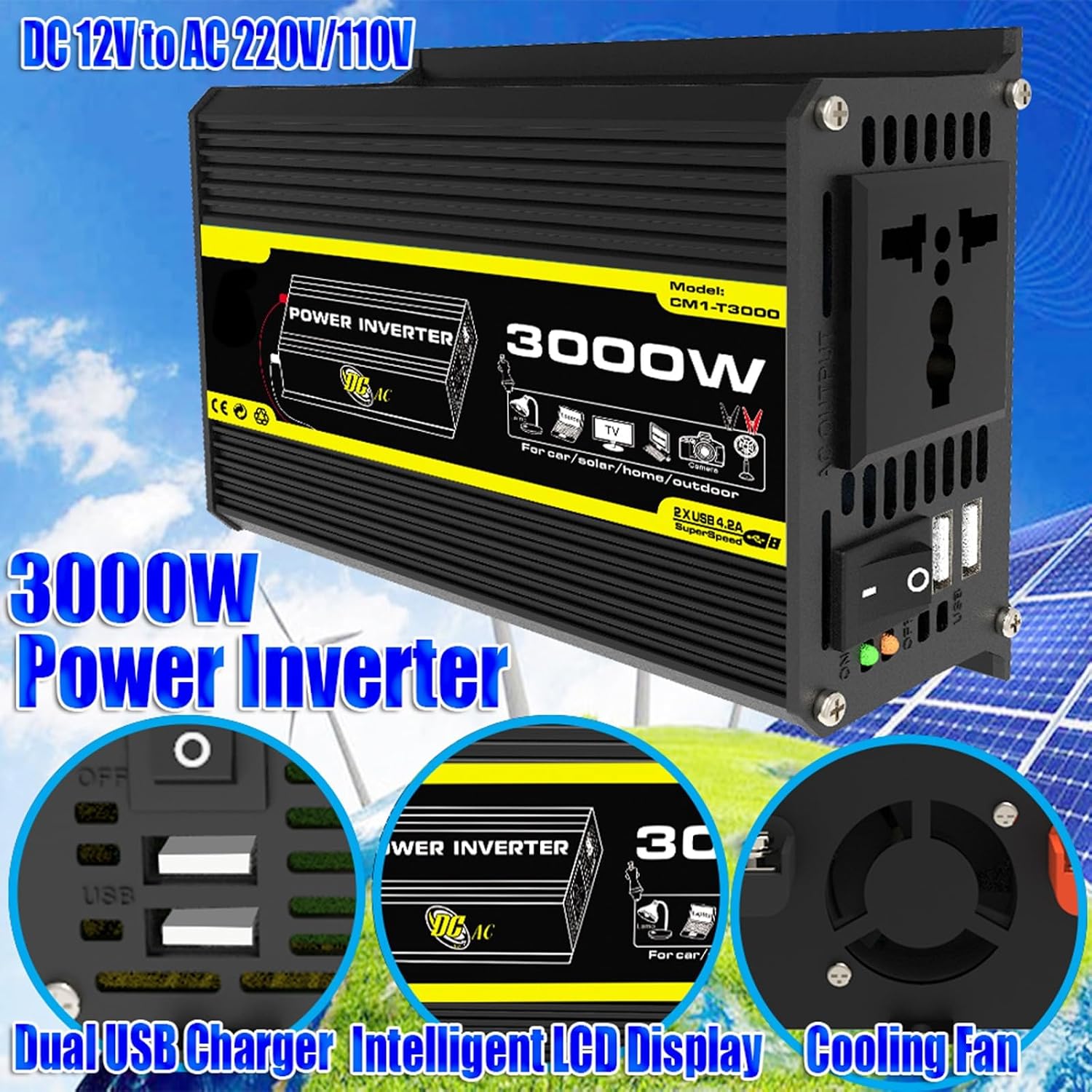 3000W Solar Inverter System Kit with 50W Waterproof Foldable Solar Panel 50 A Solar Charge Controller Complete Power Kit with 2 USB Ports 1 Outlet Home Grid System(Black,12v-110v)
