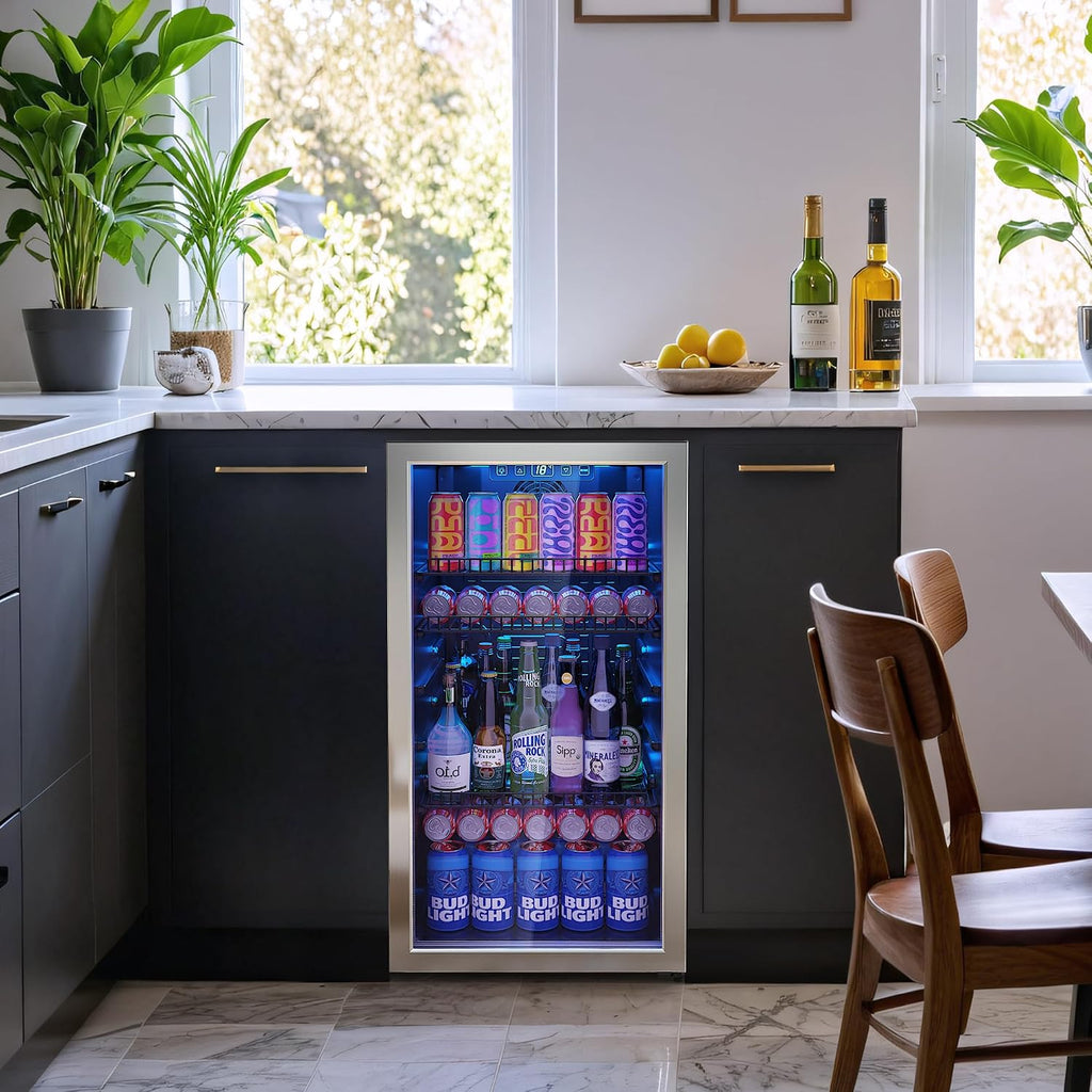 Manastin Beverage Refrigerator Cooler-Mini Fridge Freestanding Cooler with Glass Door, Adjustable Shelves & Digital Temperature Display for Soda, Wine or Beer (Silver, 3.2 Cu.Ft)