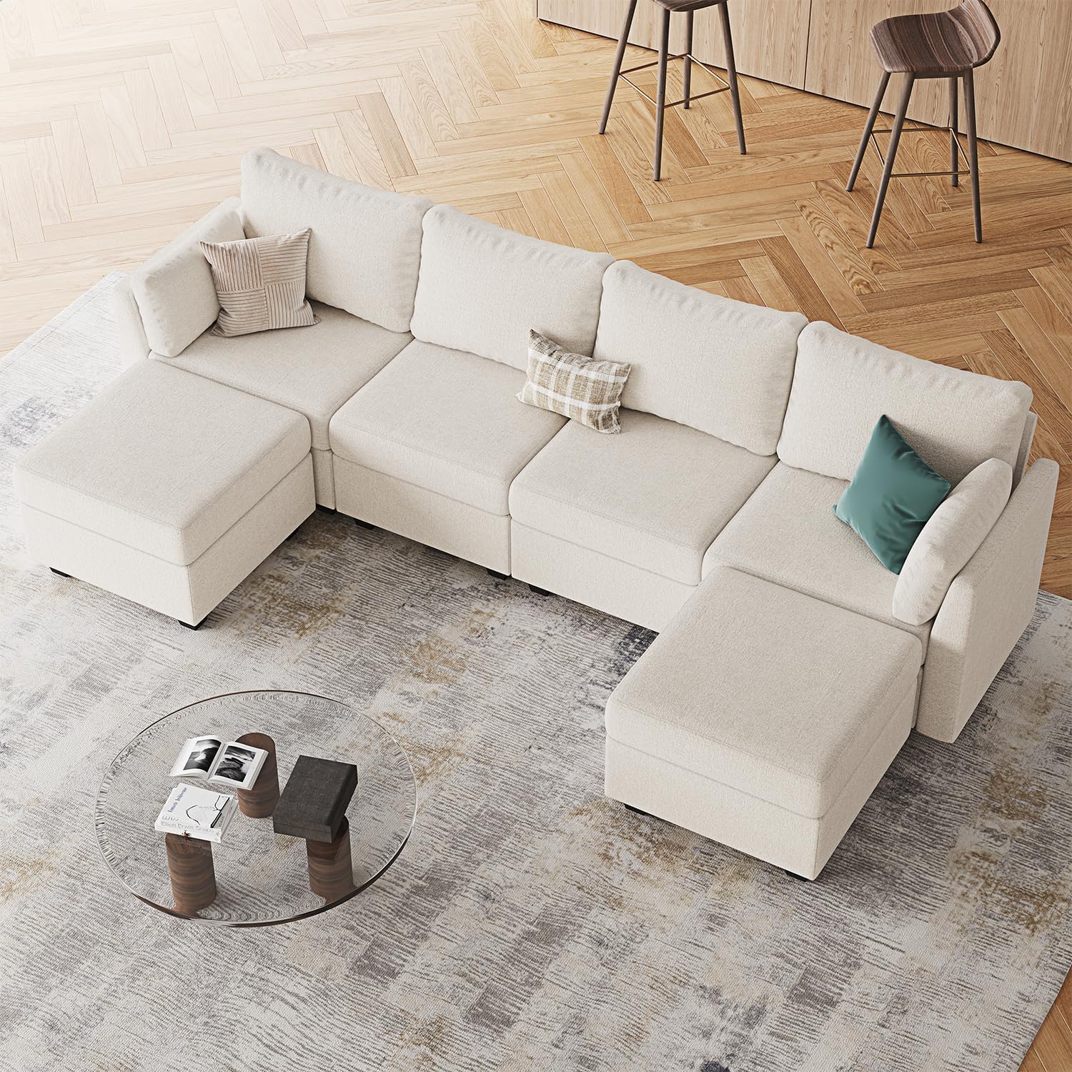 Huatean Home 114.17' Modular Sectional Sofa, 6 Seat Modular Couch with Storage, Memory Foam, Convertible Sectional Couches for Living Room, U Shaped Comfy Modular Sofa with Chaise, Beige