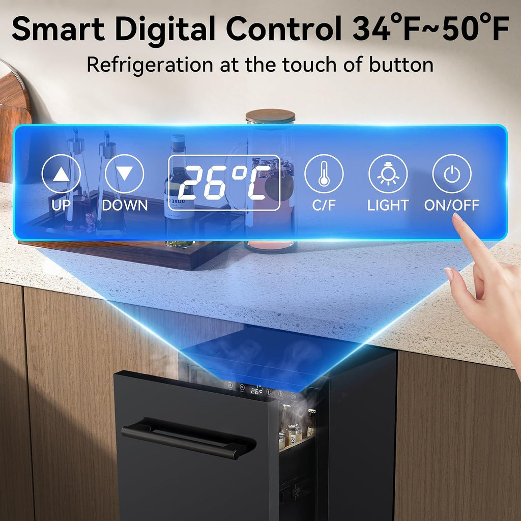 15 Inch Double Drawer Beverage Refrigerator, 3.39 Cu.Ft. Under Counter Fridge, Waterproof All Black Stainless Steel Beverage Fridge,low noise Rapid cooling for Indoor, Outdoor, Kitchen, Patio