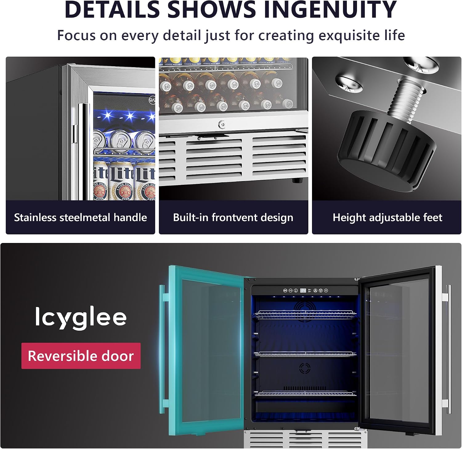 Icyglee 24 Inch Beverage Refrigerator, Beverage Cooler 180 Can Built-in Design, Under Counter Beer Fridge with Glass Door for Soda, Wine, Water - For Kitchen, Office or Bar