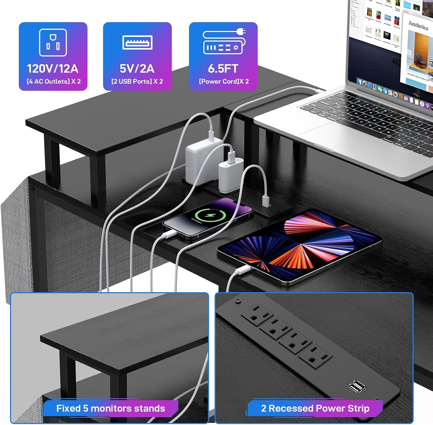 126' U Shaped Gaming Desk, Power Outlets & USB Ports, Reversible Corner Computer Desk with Monitor Stand, RGB LED Lights, Storage Shelves & Bag, Gaming Desk for Home Office, Tiger Stripes, Black