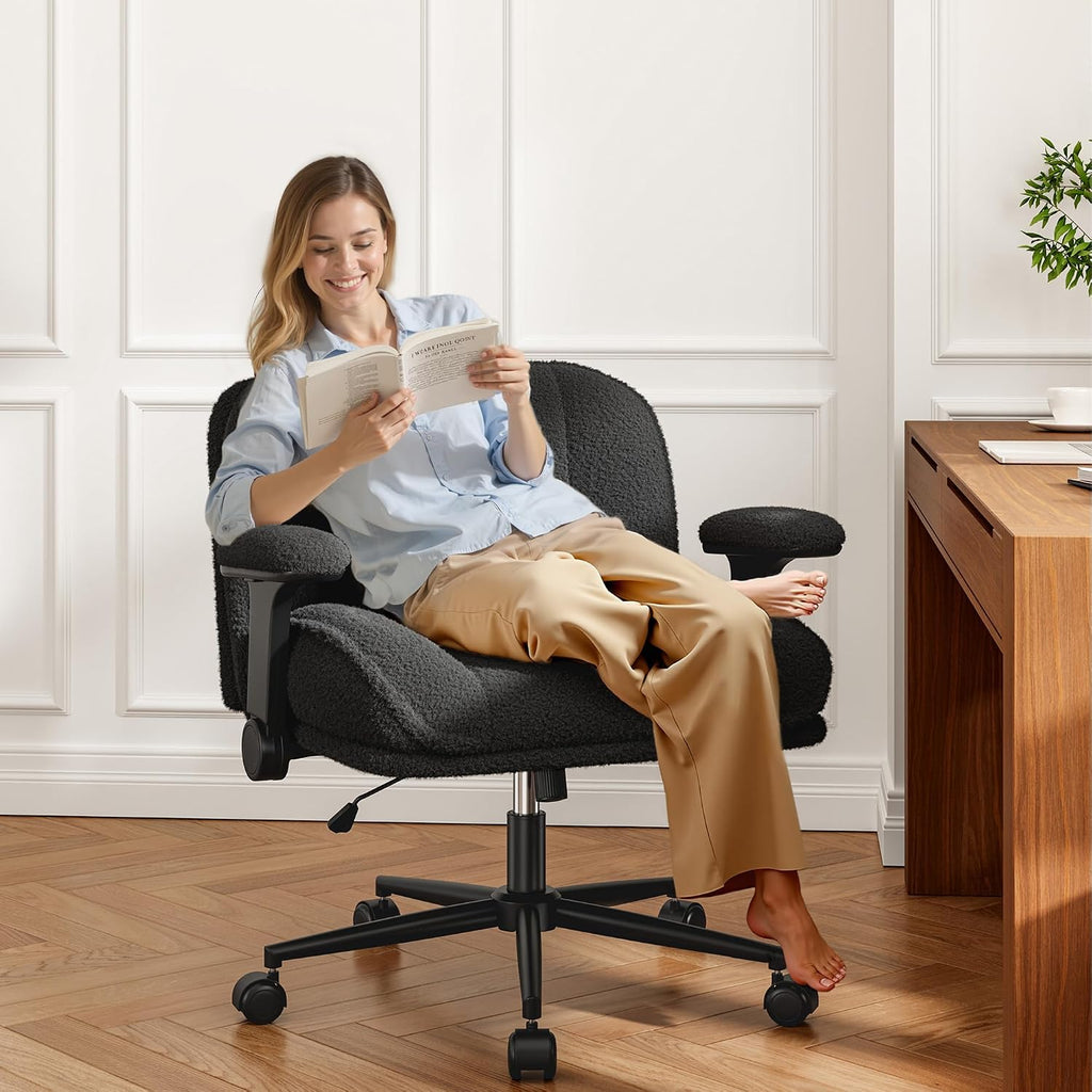 DurayLoly Criss Cross Chair with Wheels,Flip Up Arms,Wide Seat,Teddy Fleece,Adjustable Height,Cross Legged Desk Chair for Bedroom,Dorm,Home Office,Black