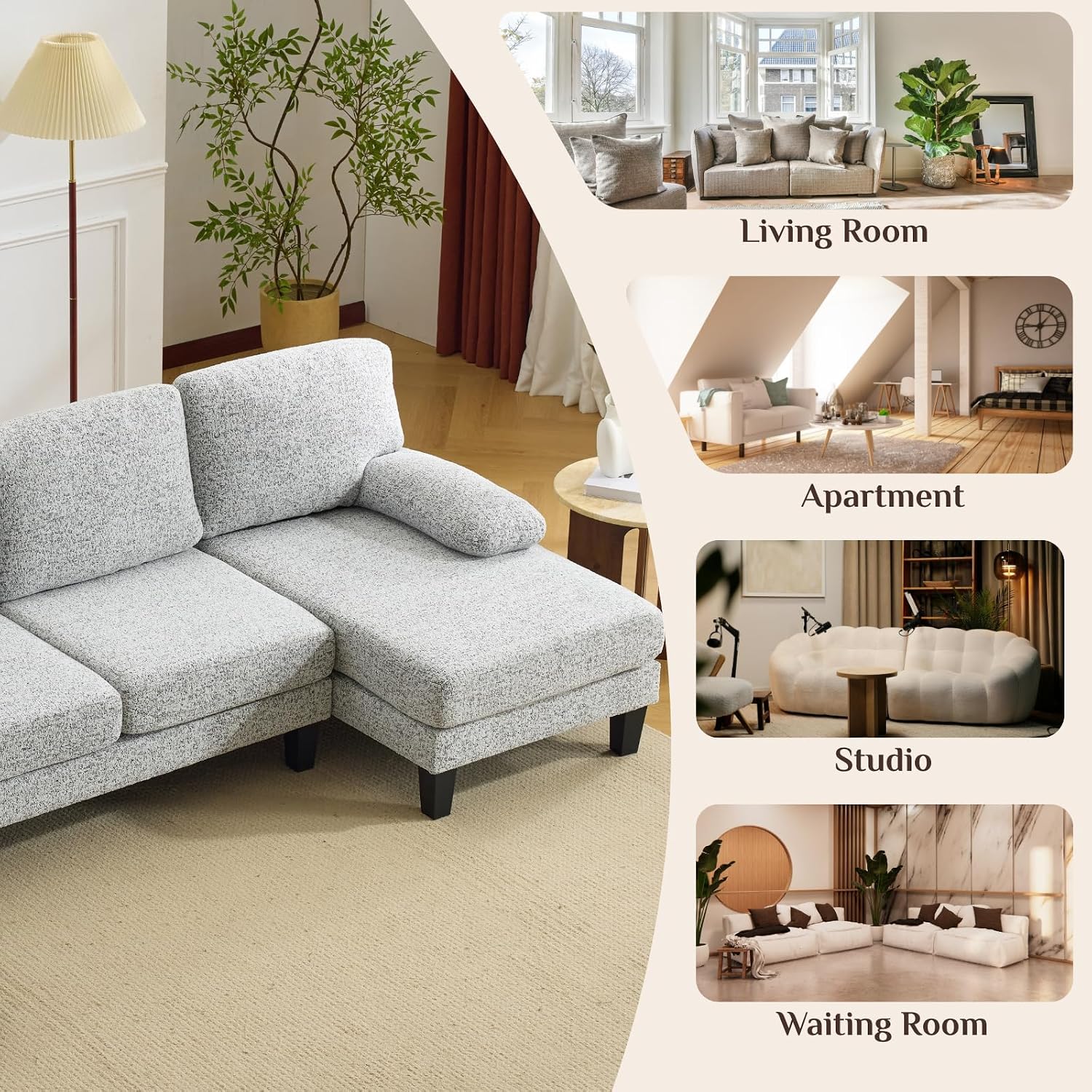 Karl home 110' U-Shape Sectional Couches for Living Room Chenille Upholstery 4 Seat Sofa Set with Double Chaises & Wood Grain Legs for Apartment, White & Grey