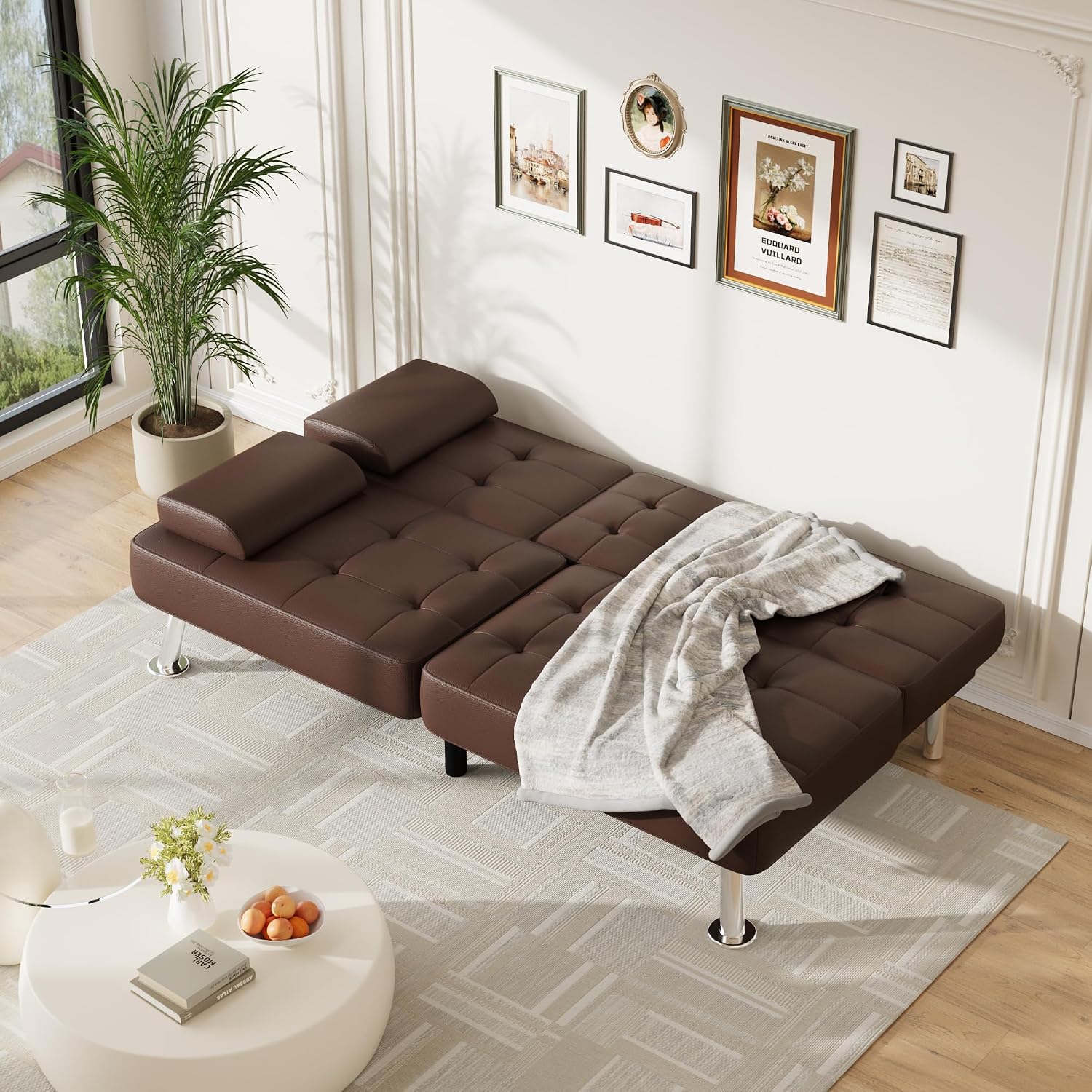 Furmax Futon Sofa Bed Adjustable Futon Couch Sleeper Sofa Bed for Living Room, Business Office, Recliner Sofas with Cup Holders (PU Leather, Brown)