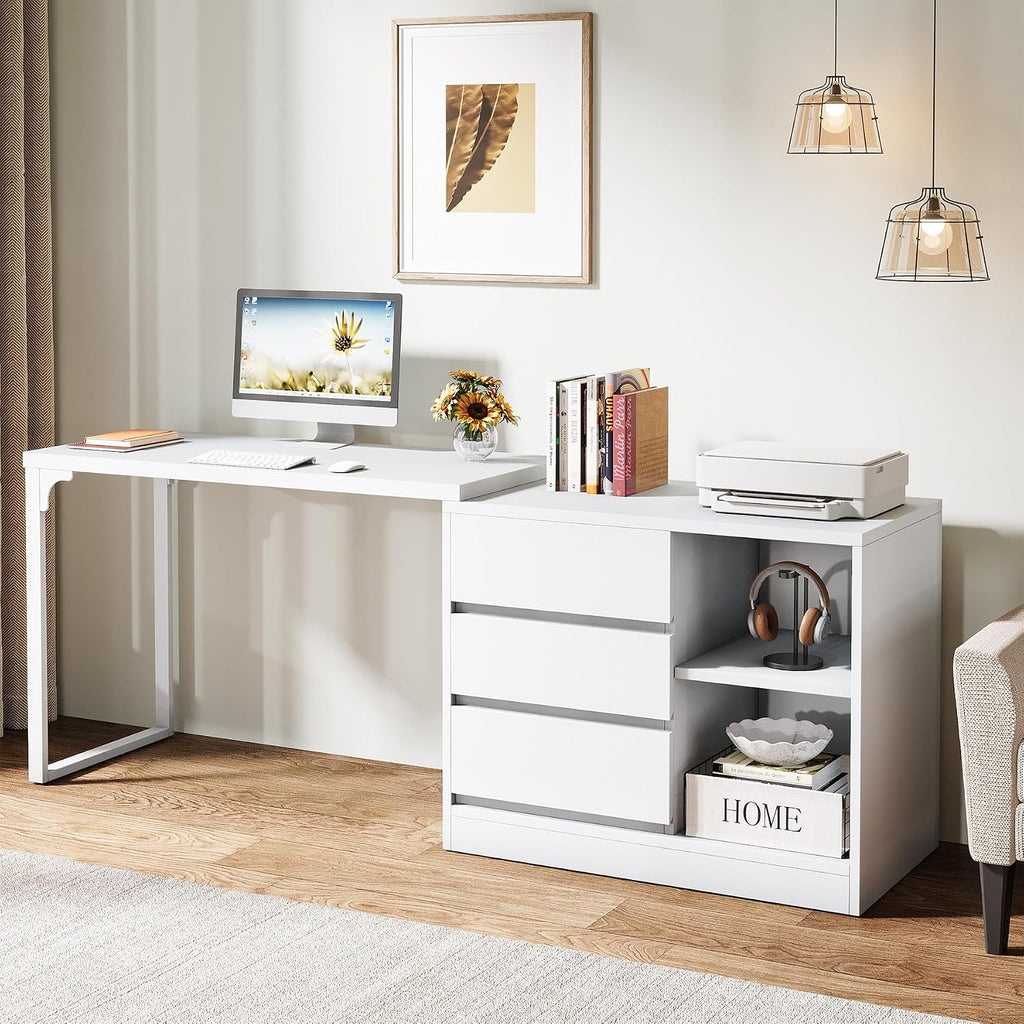 Tribesigns L-Shaped Computer Desk with Drawers and Shelves, Reversible White Corner Office Desk with Storage Cabinet, Modern Study Writing Table for Home Office, Bedroom