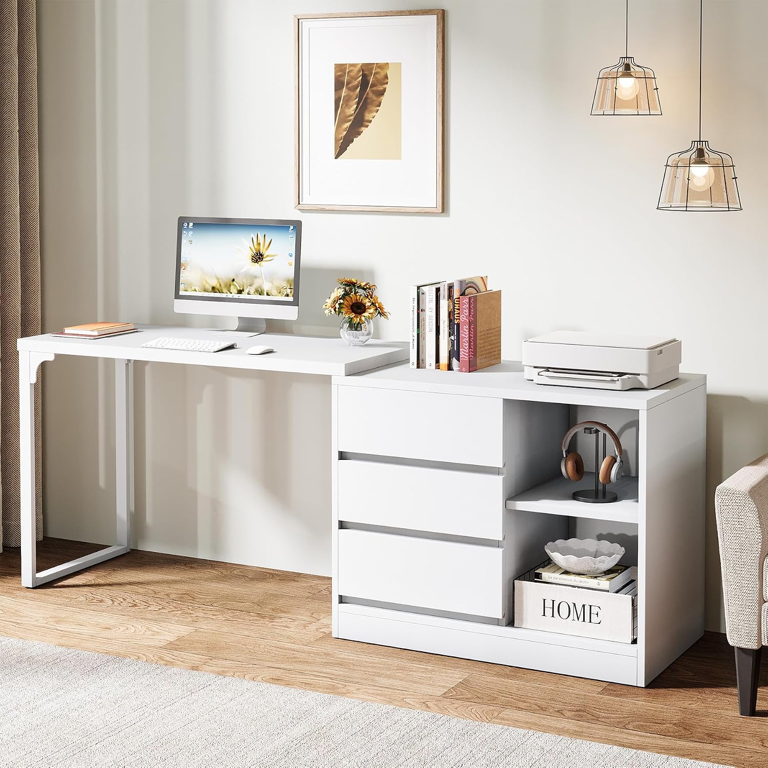 Tribesigns L-Shaped Computer Desk with Drawers and Shelves, Reversible White Corner Office Desk with Storage Cabinet, Modern Study Writing Table for Home Office, Bedroom