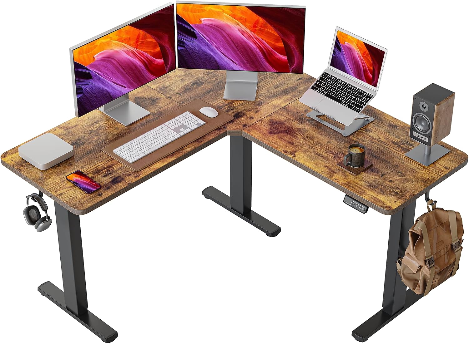 FEZIBO L Shaped Standing Desk, Electric Stand up Height Adjustable Home Office Table, Sit Stand Desk, Light Rustic Brown Top
