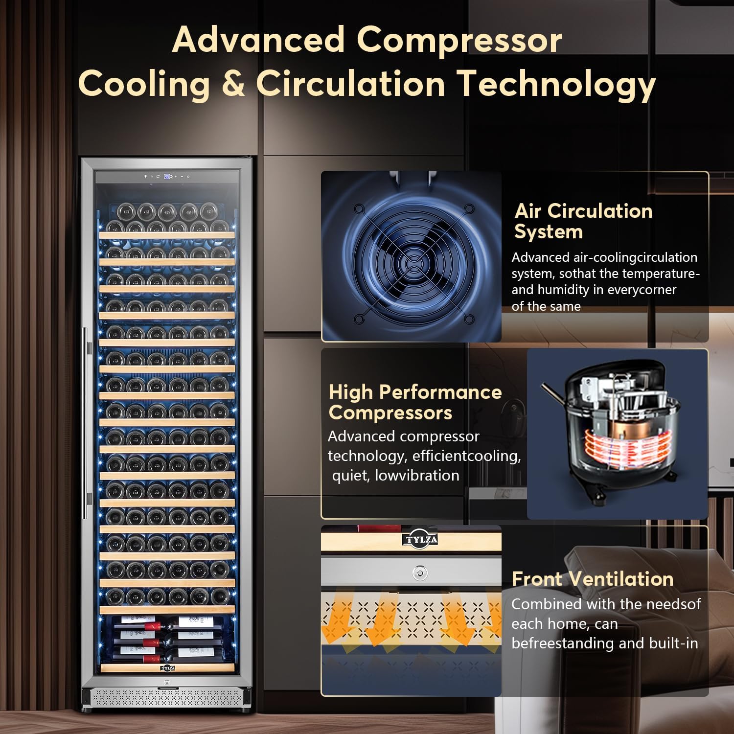 Tylza Wine Fridge 24 Inch, 189 Bottles Large Wine Cooler Refrigerator, Built-in or Freestanding Tall Wine Cooler with Upgraded Compressor, Low Noise, Fast Cooling and Intelligent Temperature Memory