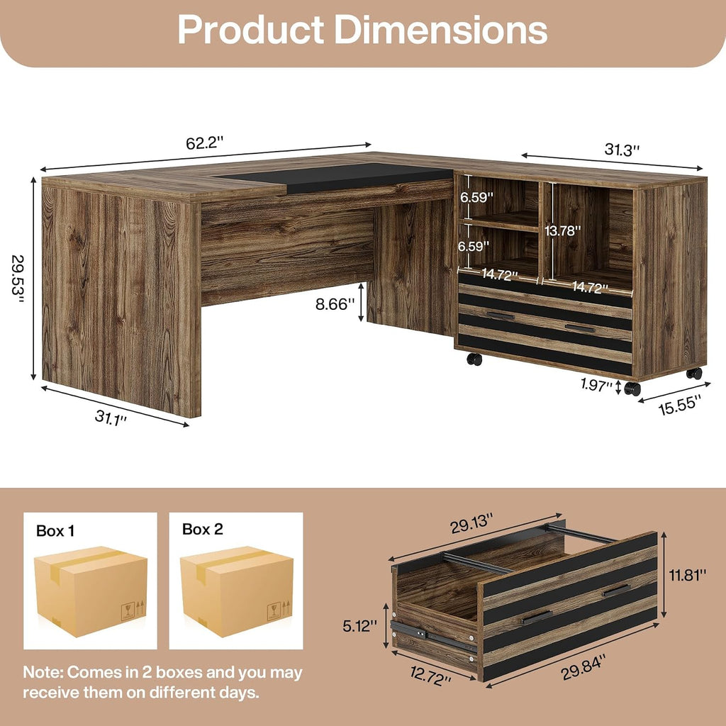 Tribesigns 62.2' Executive Desk with Mobile File Cabinet, L-Shaped Office Desk with Storage Shelves, Large Computer Desk Business Workstation Set for Home Office, Light Brown