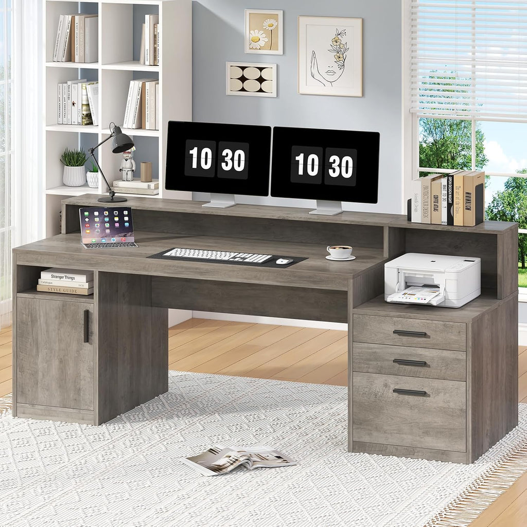 YOMILUVE Executive Computer Desk with 3 Drawers & Storage Shelves, 65 Inch Home Office Desk with File Drawer & Cabinet, Writing Study Desks with Monitor Stand & Printer Shelf, Executive Desk, Grey