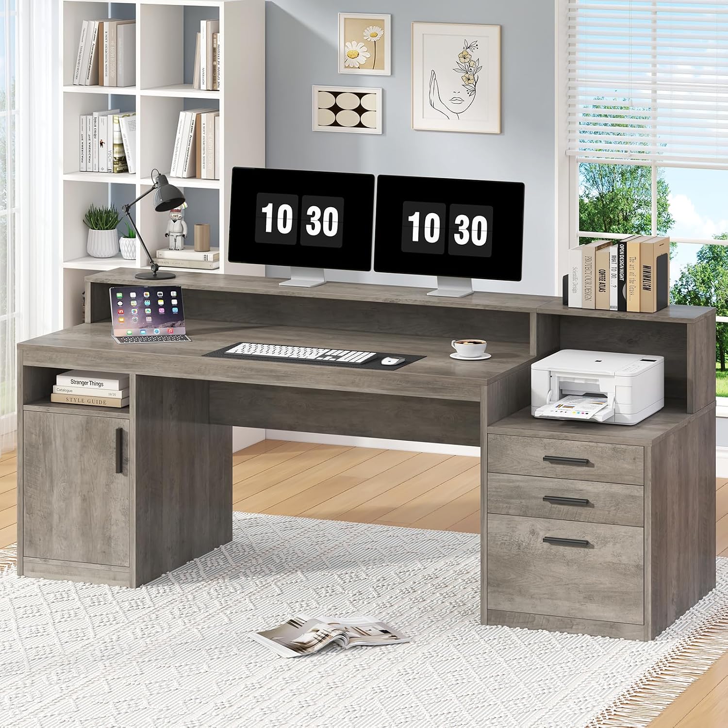 YOMILUVE Executive Computer Desk with 3 Drawers & Storage Shelves, 65 Inch Home Office Desk with File Drawer & Cabinet, Writing Study Desks with Monitor Stand & Printer Shelf, Executive Desk, Grey